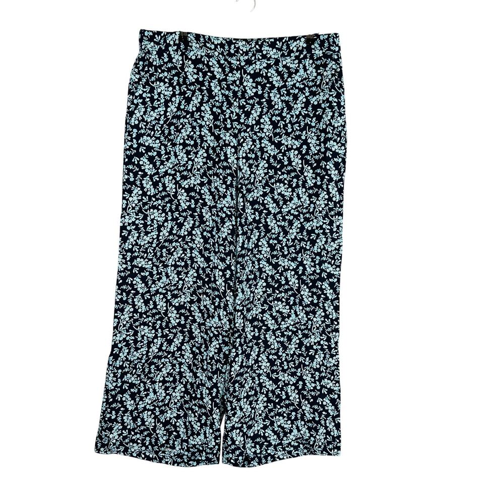 Loft Womans Sz XL Pants Pull On Floral Pants Wide Leg Blue Comfort Waist